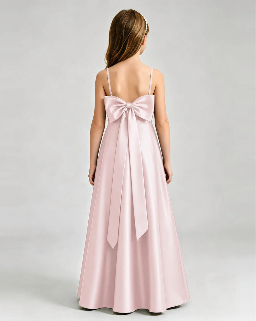 Blush Pink Satin A-line Girls Formal Dress Back View
