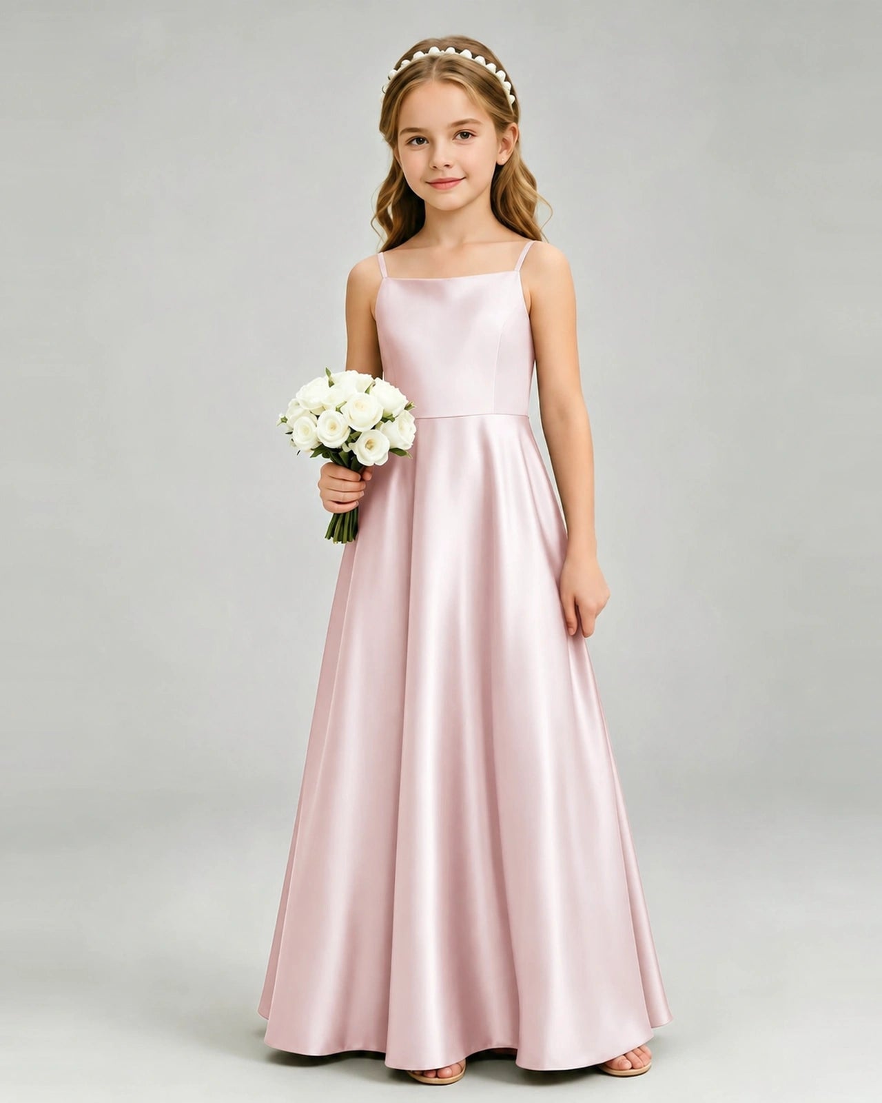 Dideyttawl Light Blue Girls Formal Dress Spaghetti Strap Satin Bow Floor-Length Gown, Blush Pink / Customize