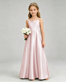 Blush Pink Junior Bridesmaid Dress Spaghetti Strap Satin Bow A-Line Floor-Length Gown Front Full View
