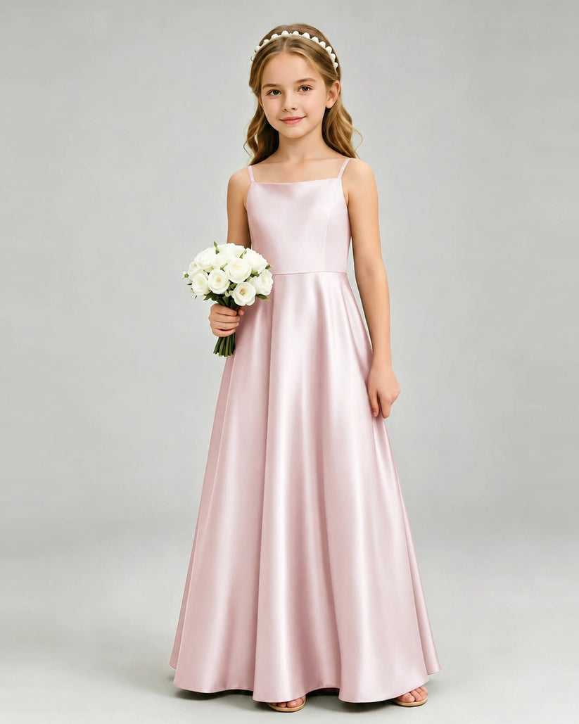 Blush Pink Satin A-line Girls Formal Dress Front View