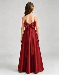 Burgundy Junior Bridesmaid Dress Spaghetti Strap Satin Bow A-Line Floor-Length Gown Back Full View