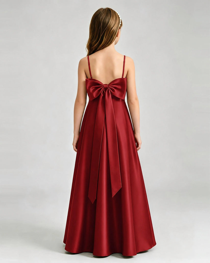 Burgundy Satin A-line Girls Formal Dress Back View