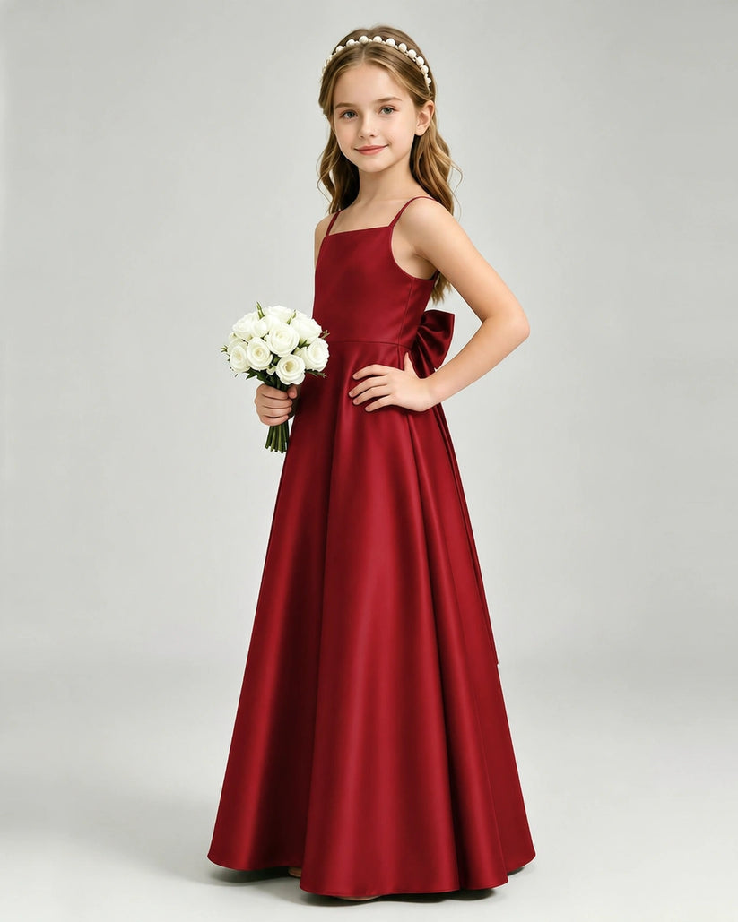 Burgundy Satin A-line Girls Formal Dress Front View