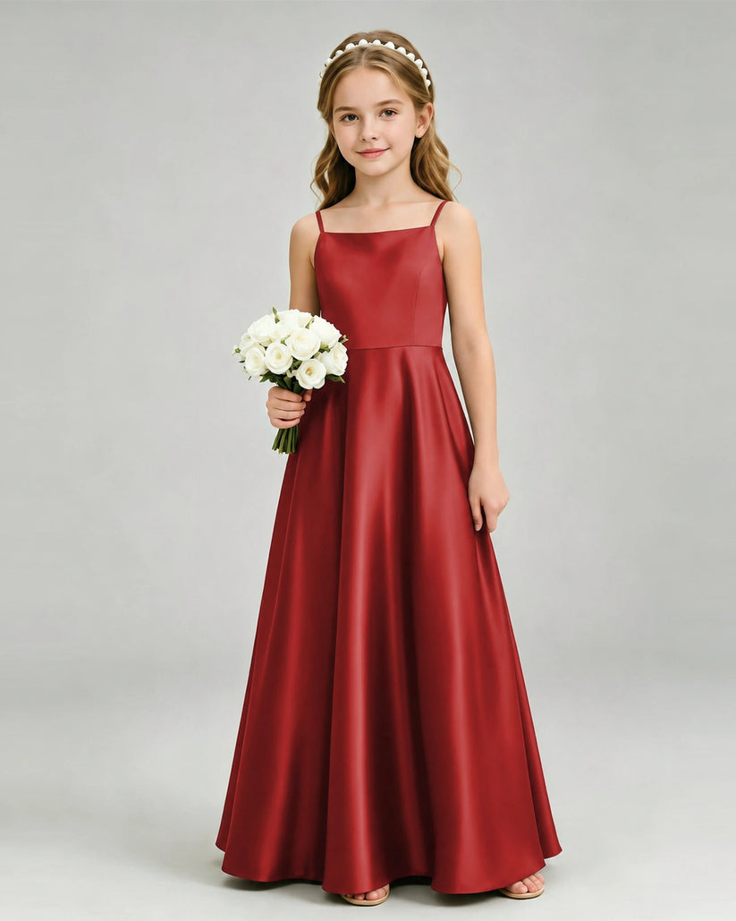 Burgundy Satin A-line Girls Formal Dress Front View