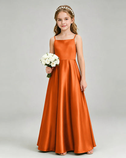 Burnt Orange Junior Bridesmaid Dress Spaghetti Strap Satin Bow A-Line Floor-Length Gown Front Full View