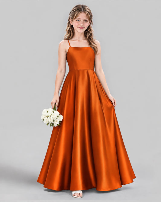 Burnt Orange Satin A-line Girls Formal Dress Front View