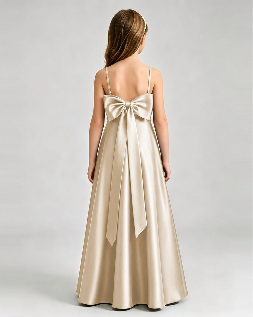 Champagne Satin A-line Girls Formal Dress Back View
