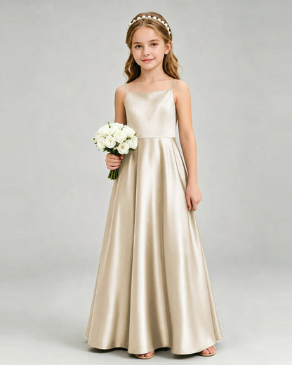 Champagne Junior Bridesmaid Dress Spaghetti Strap Satin Bow A-Line Floor-Length Gown Front Full View
