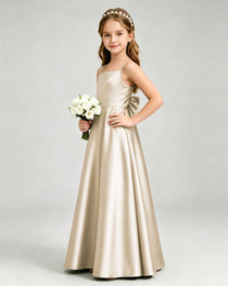 Champagne Junior Bridesmaid Dress Spaghetti Strap Satin Bow A-Line Floor-Length Gown Side Full View