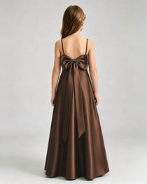 Chocolate Junior Bridesmaid Dress Spaghetti Strap Satin Bow A-Line Floor-Length Gown Back Full View