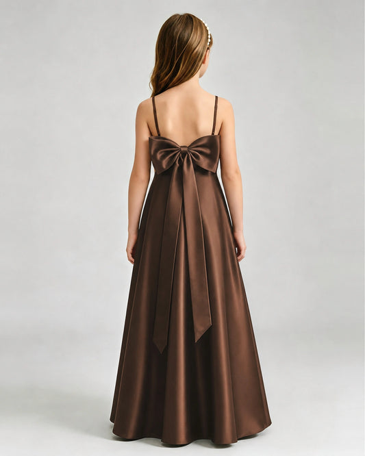 Chocolate Satin A-line Girls Formal Dress Back View