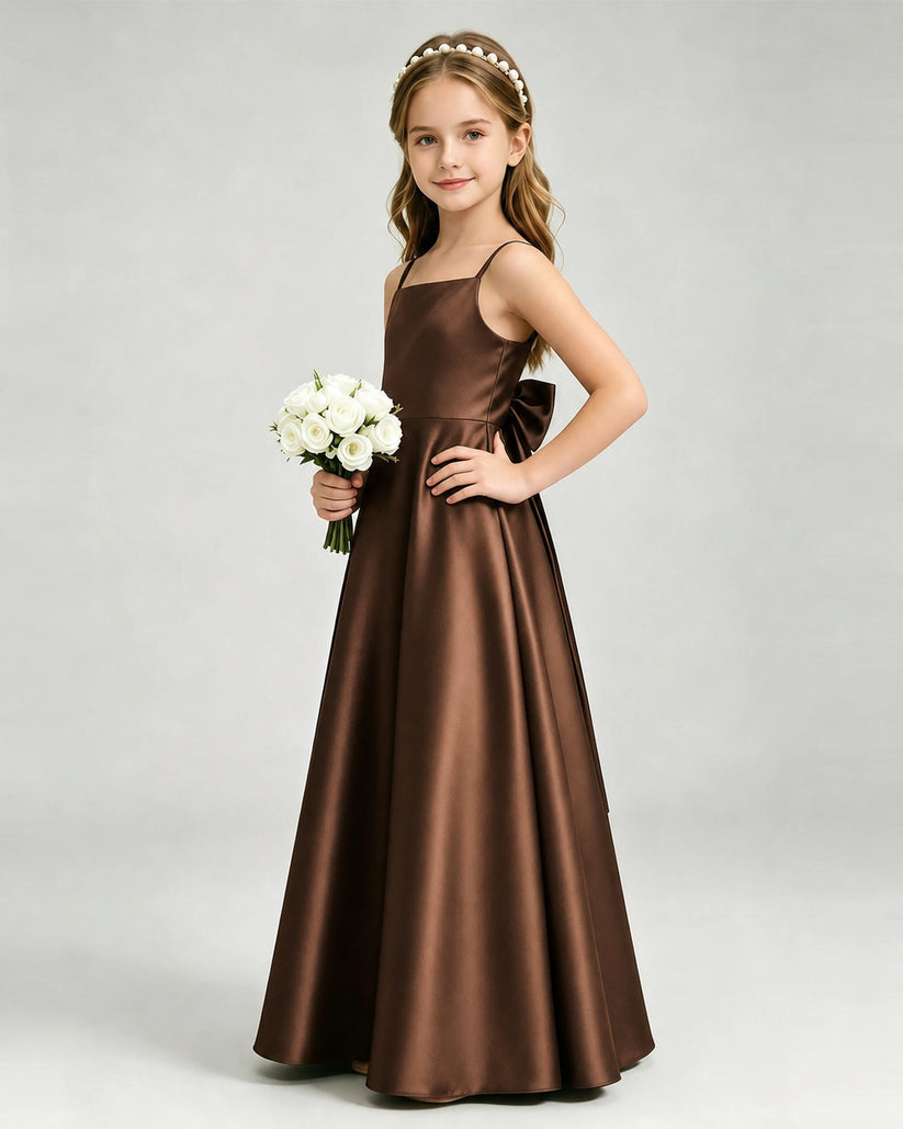 Chocolate Satin A-line Girls Formal Dress Side View