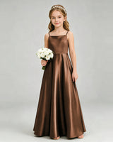 Chocolate Satin A-line Girls Formal Dress Front View