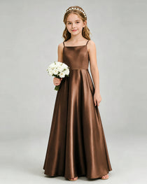Chocolate Junior Bridesmaid Dress Spaghetti Strap Satin Bow A-Line Floor-Length Gown Front Full View