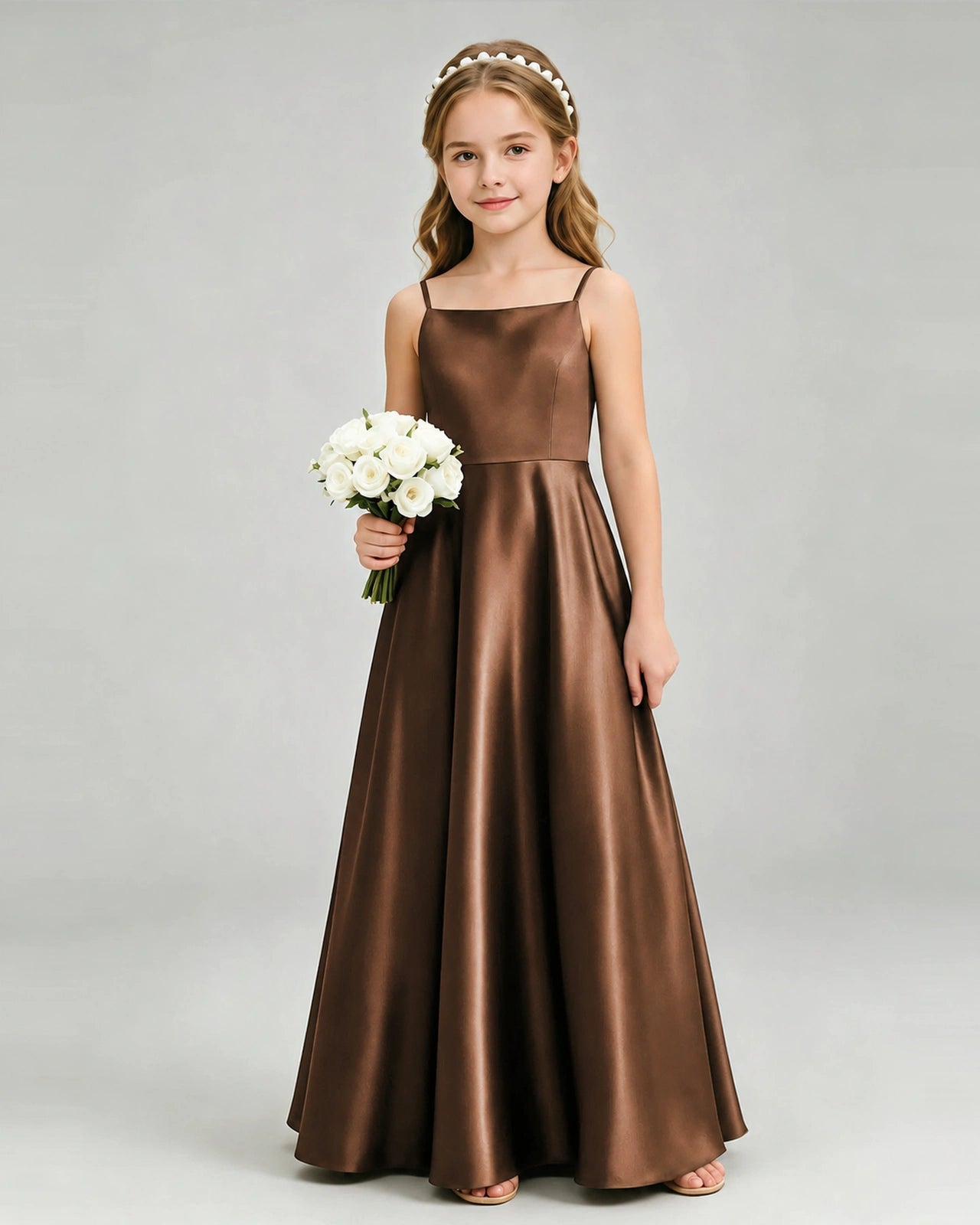 Chocolate Junior Bridesmaid Dress Spaghetti Strap Satin Bow A-Line Floor-Length Gown Front Full View