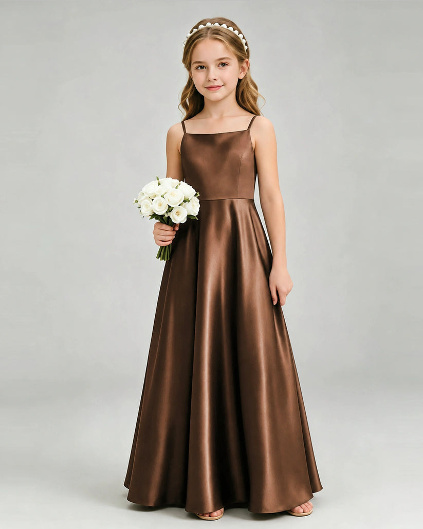 Chocolate Satin A-line Girls Formal Dress Front View