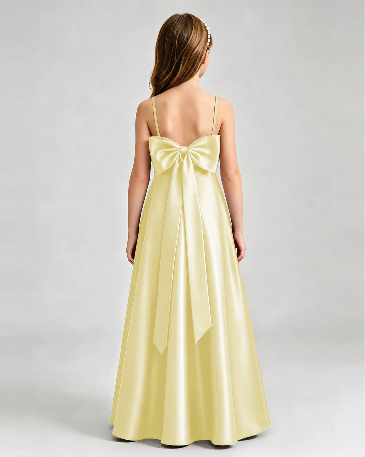 Daffodil Junior Bridesmaid Dress Spaghetti Strap Satin Bow A-Line Floor-Length Gown Back Full View