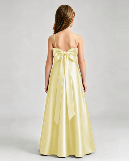 Daffodil Junior Bridesmaid Dress Spaghetti Strap Satin Bow A-Line Floor-Length Gown Back Full View