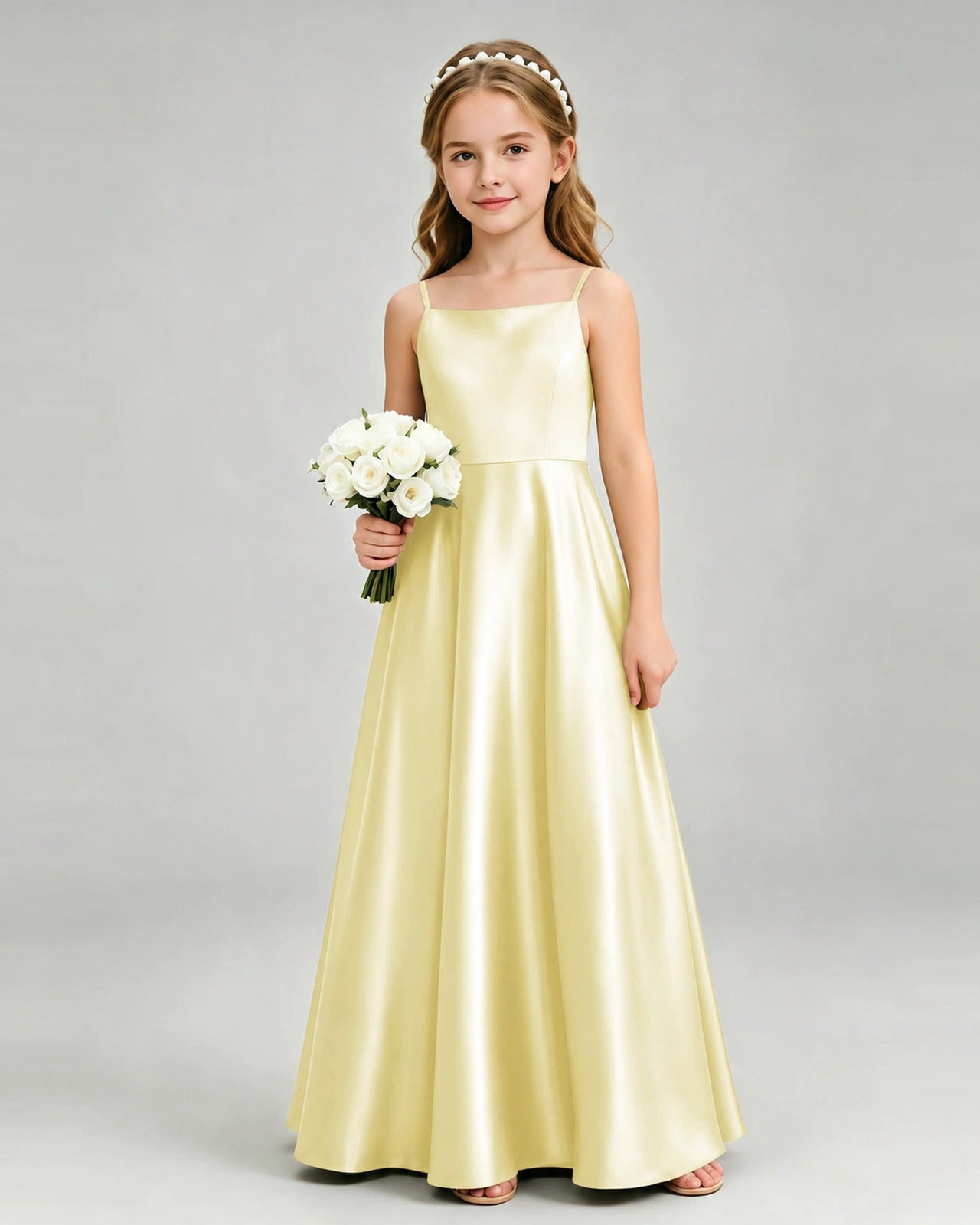 Daffodil Junior Bridesmaid Dress Spaghetti Strap Satin Bow A-Line Floor-Length Gown Front Full View