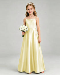 Daffodil Junior Bridesmaid Dress Spaghetti Strap Satin Bow A-Line Floor-Length Gown Front Full View