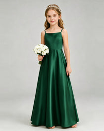 Dark GreenJunior Bridesmaid Dress Spaghetti Strap Satin Bow A-Line Floor-Length Gown Front Full View