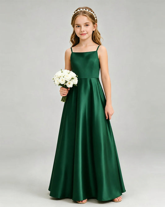 Dark Green Satin A-line Girls Formal Dress Front View