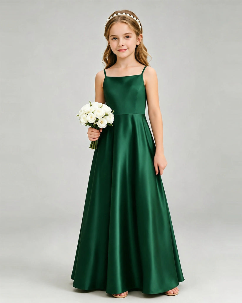 Dark Green Satin A-line Girls Formal Dress Front View