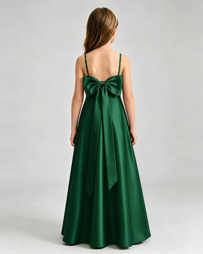 Dark Green Satin A-line Girls Formal Dress Back View