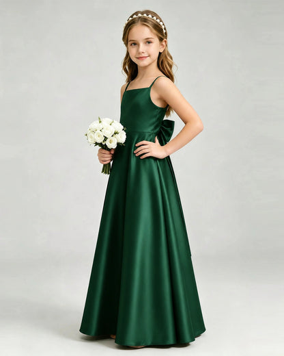 Dark GreenJunior Bridesmaid Dress Spaghetti Strap Satin Bow A-Line Floor-Length Gown Side Full View