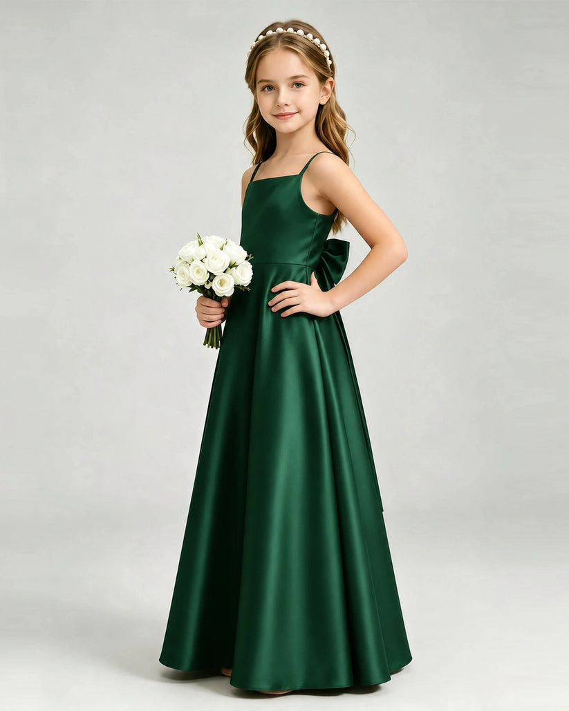 Dark Green Satin A-line Girls Formal Dress Front View