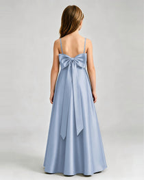 Dusty Blue Junior Bridesmaid Dress Spaghetti Strap Satin Bow A-Line Floor-Length Gown Back Full View