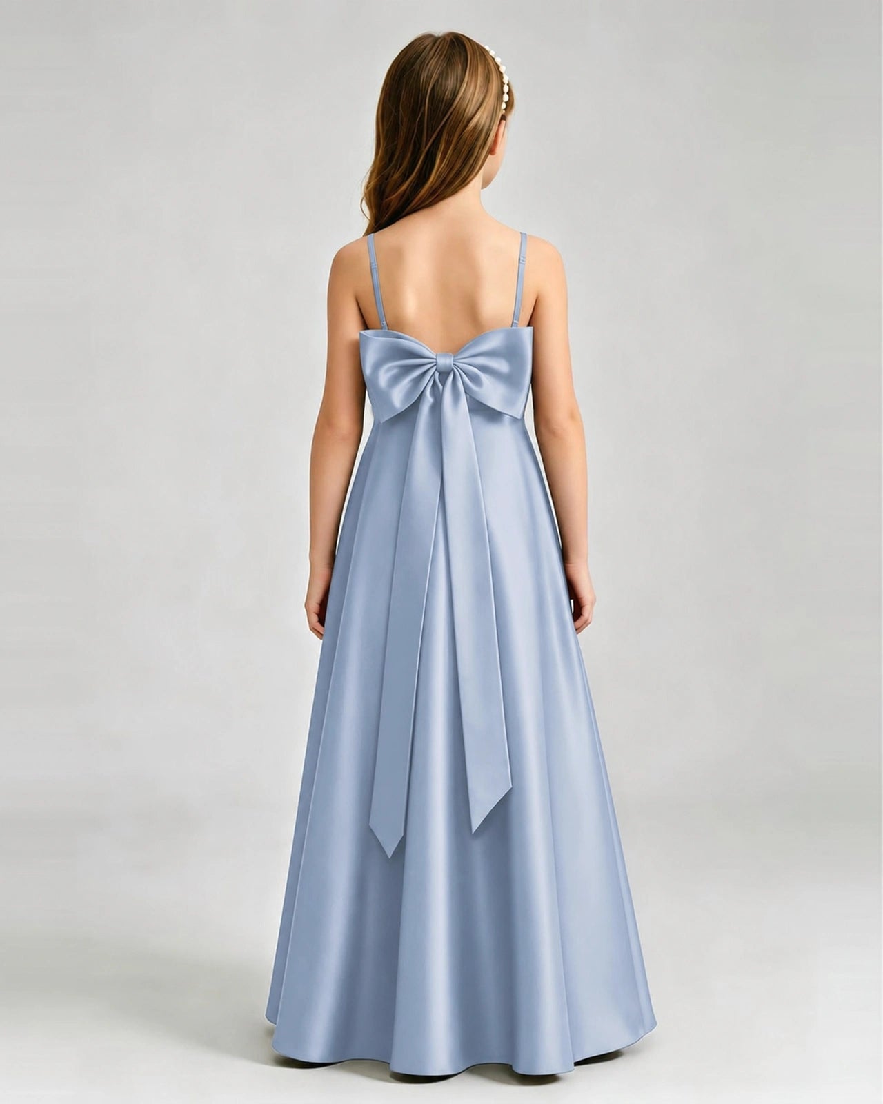Dusty Blue Junior Bridesmaid Dress Spaghetti Strap Satin Bow A-Line Floor-Length Gown Back Full View