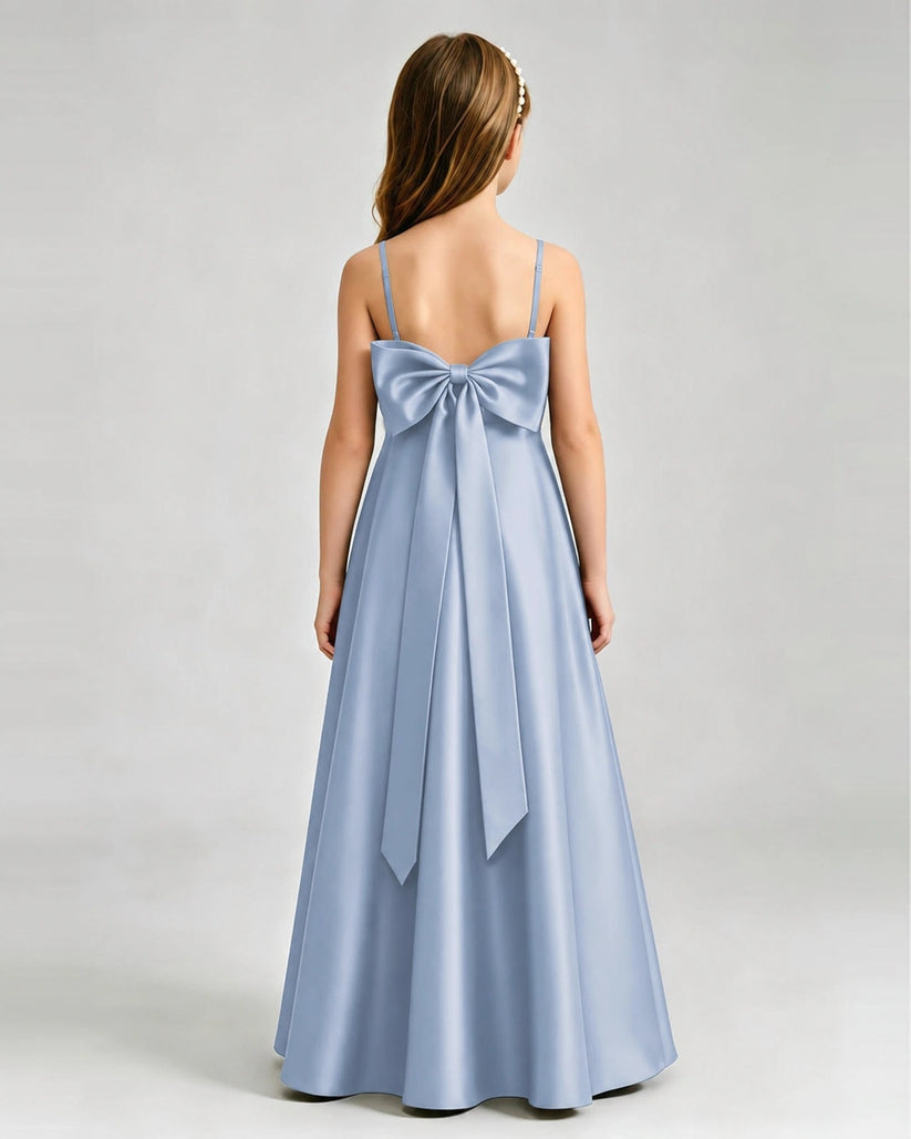Dusty Blue Satin A-line Girls Formal Dress Back View