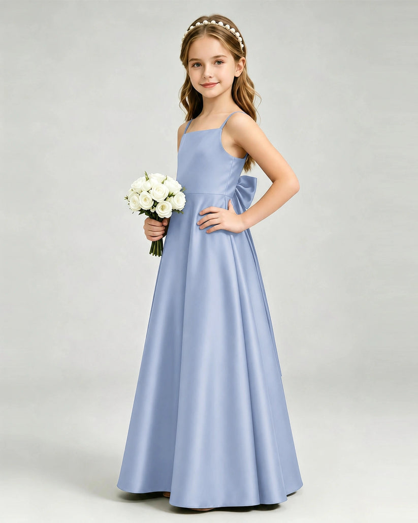 Dusty Blue Satin A-line Girls Formal Dress Side View