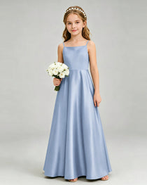 Dusty Blue Junior Bridesmaid Dress Spaghetti Strap Satin Bow A-Line Floor-Length Gown Front Full View