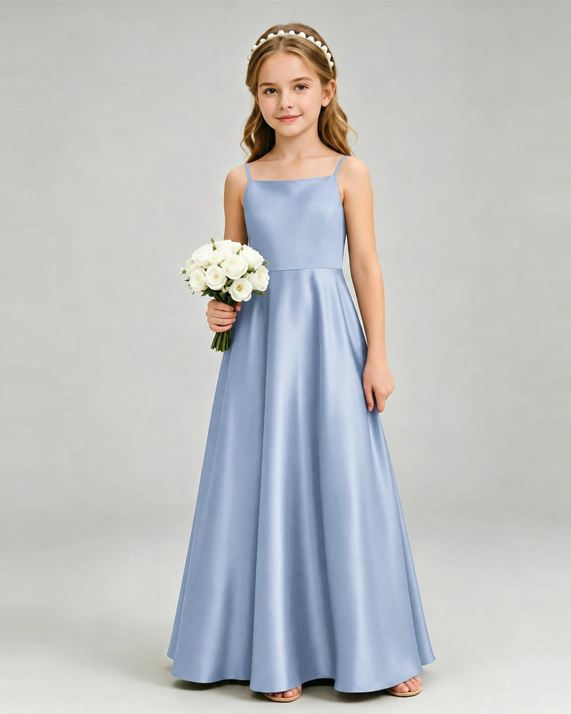 Dusty Blue Satin A-line Girls Formal Dress Front View