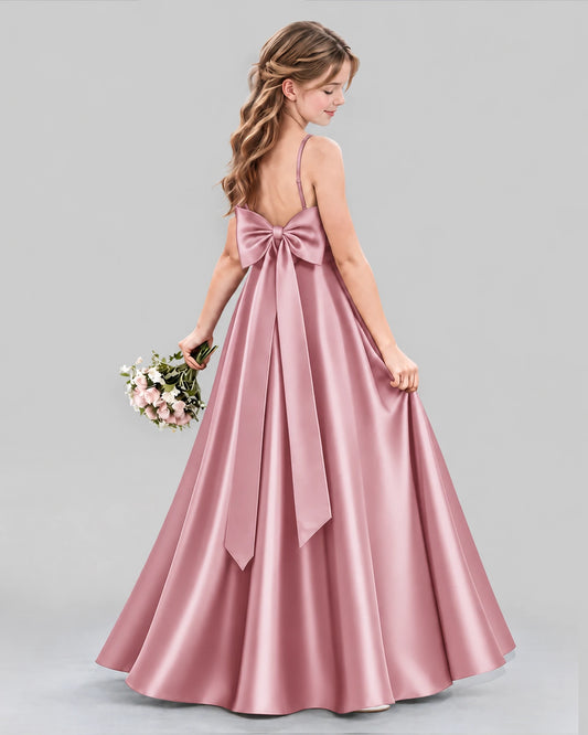 Dusty Rose Satin A-line Girls Formal Dress Back View