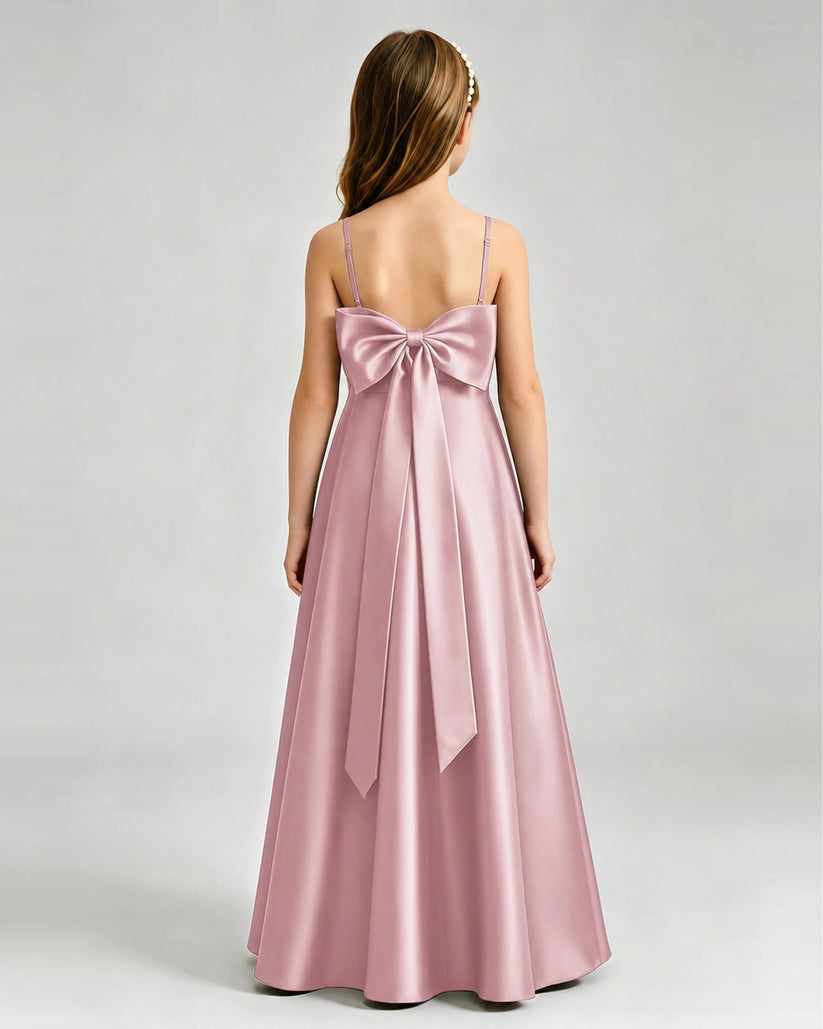 Dusty Rose Satin A-line Girls Formal Dress Back View