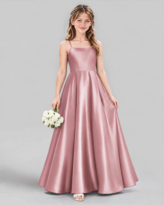 Dusty Rose Satin A-line Girls Formal Dress Front View