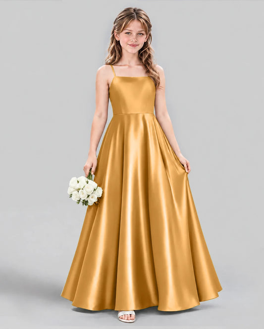 Gold Satin A-line Girls Formal Dress Front View