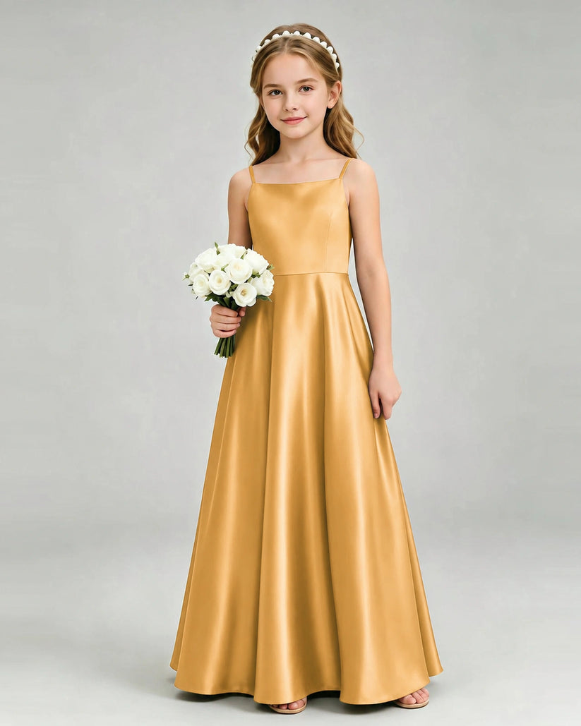 Gold Satin A-line Girls Formal Dress Front View