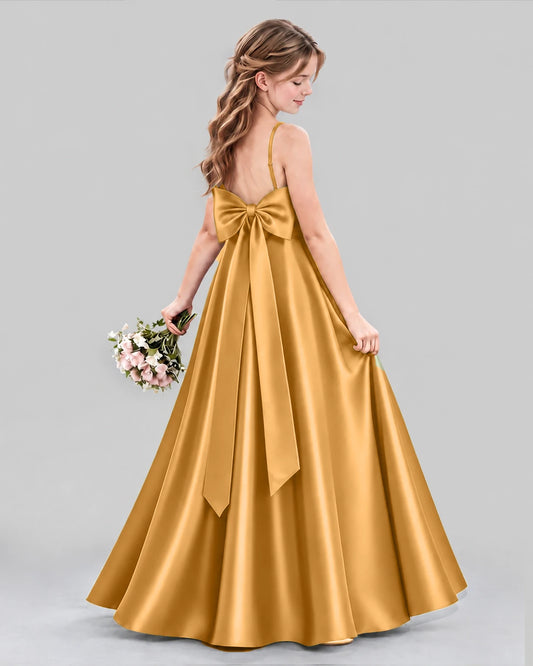 Gold Satin A-line Girls Formal Dress Back View