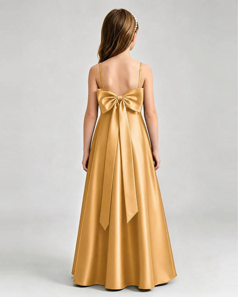 Gold Satin A-line Girls Formal Dress Back View