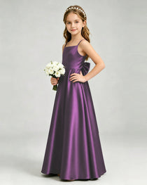 Grape Junior Bridesmaid Dress Spaghetti Strap Satin Bow A-Line Floor-Length Gown Front Full View