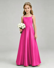 Hot Pink Junior Bridesmaid Dress Spaghetti Strap Satin Bow A-Line Floor-Length Gown Front Full View