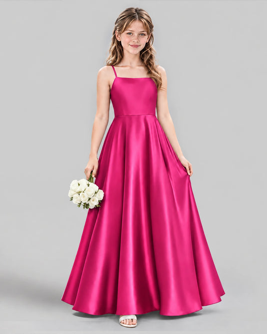 Hot Pink Satin A-line Girls Formal Dress Front View