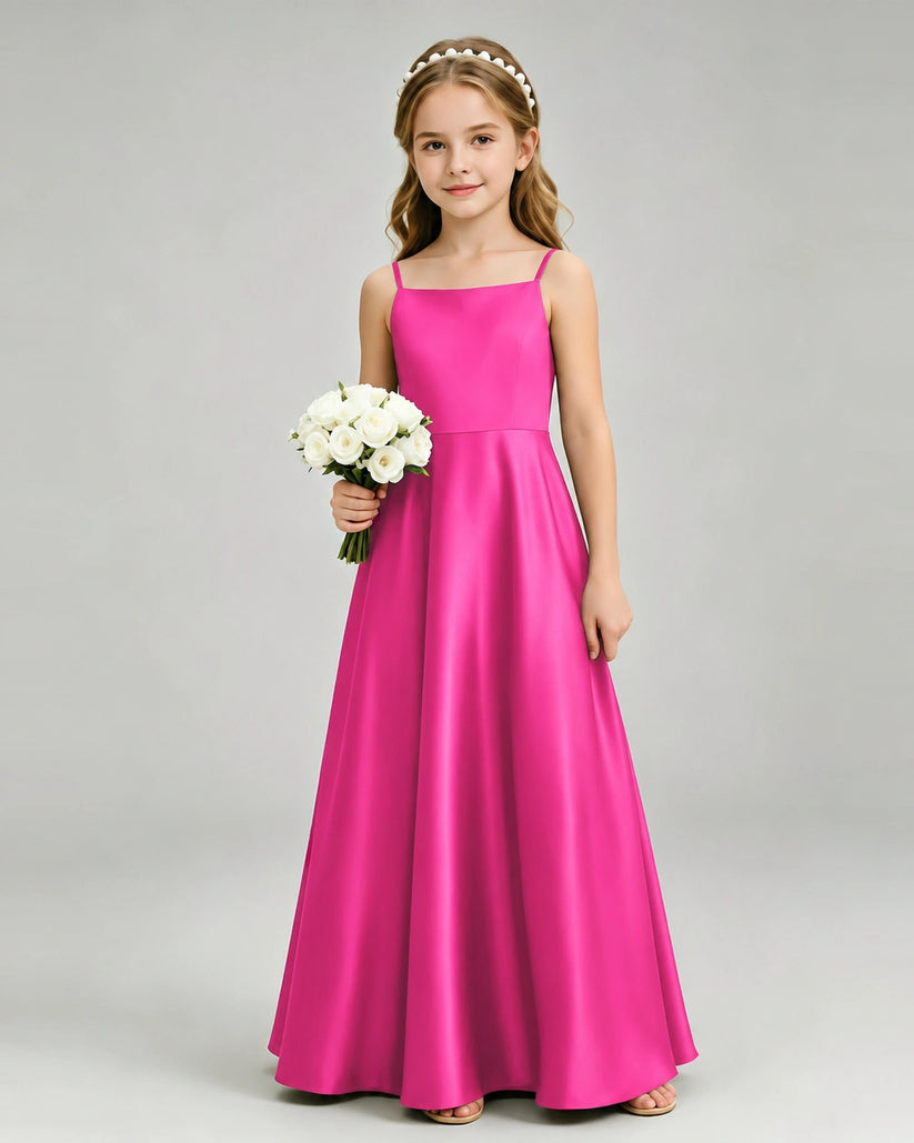 Hot Pink Satin A-line Girls Formal Dress Front View
