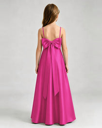 Hot Pink Junior Bridesmaid Dress Spaghetti Strap Satin Bow A-Line Floor-Length Gown Back Full View