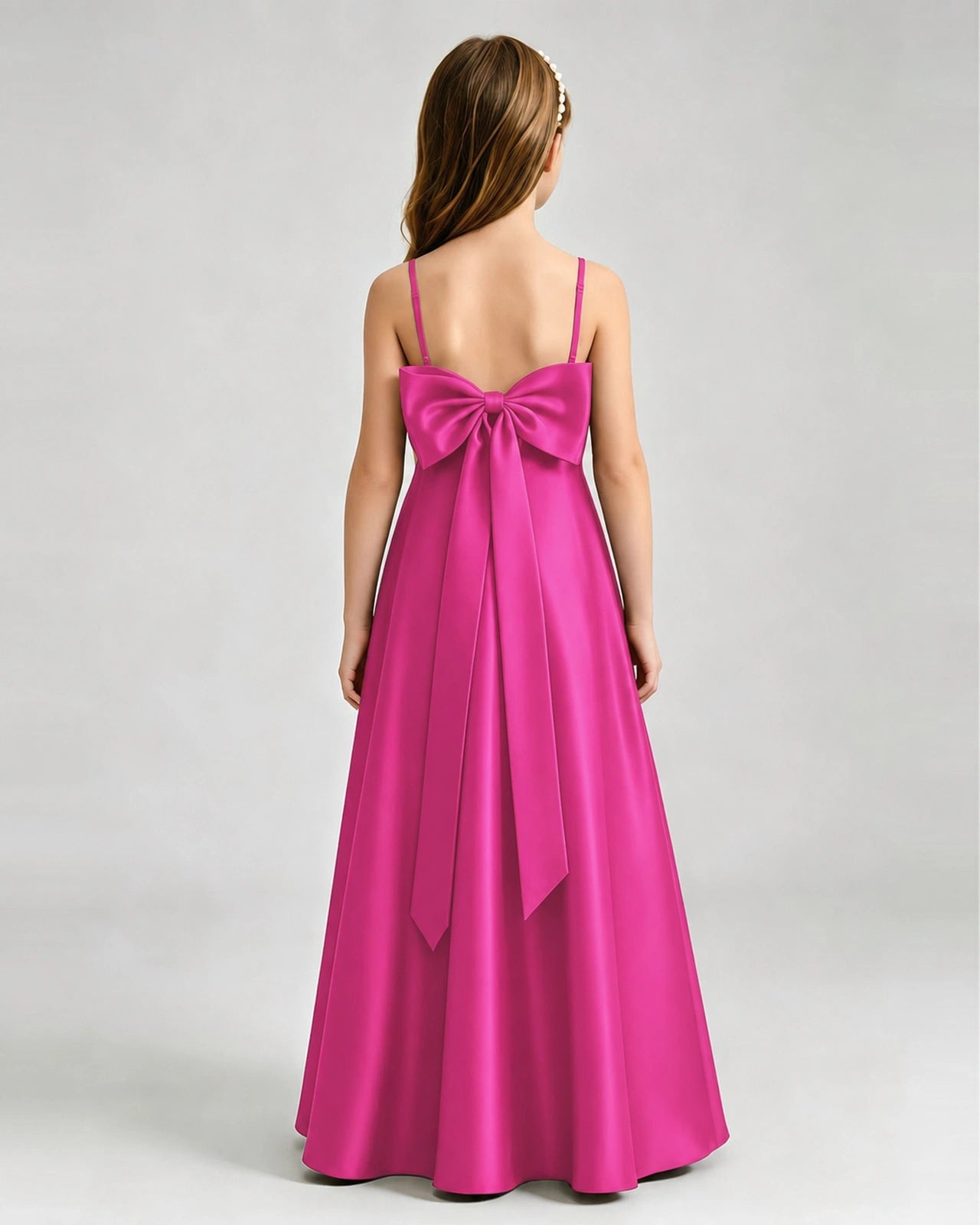 Hot Pink Junior Bridesmaid Dress Spaghetti Strap Satin Bow A-Line Floor-Length Gown Back Full View