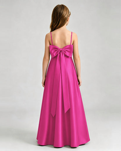 Hot Pink Junior Bridesmaid Dress Spaghetti Strap Satin Bow A-Line Floor-Length Gown Back Full View